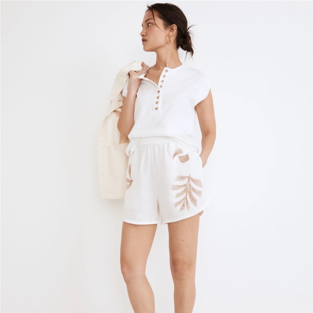 New Madewell Embroidered Linen Pasadena Pull-On Shorts in Tropicale Floral L